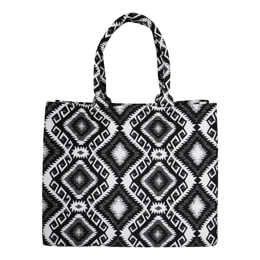 Geometric Printed Box Style tote bag with utility pouch |Black & white colour
