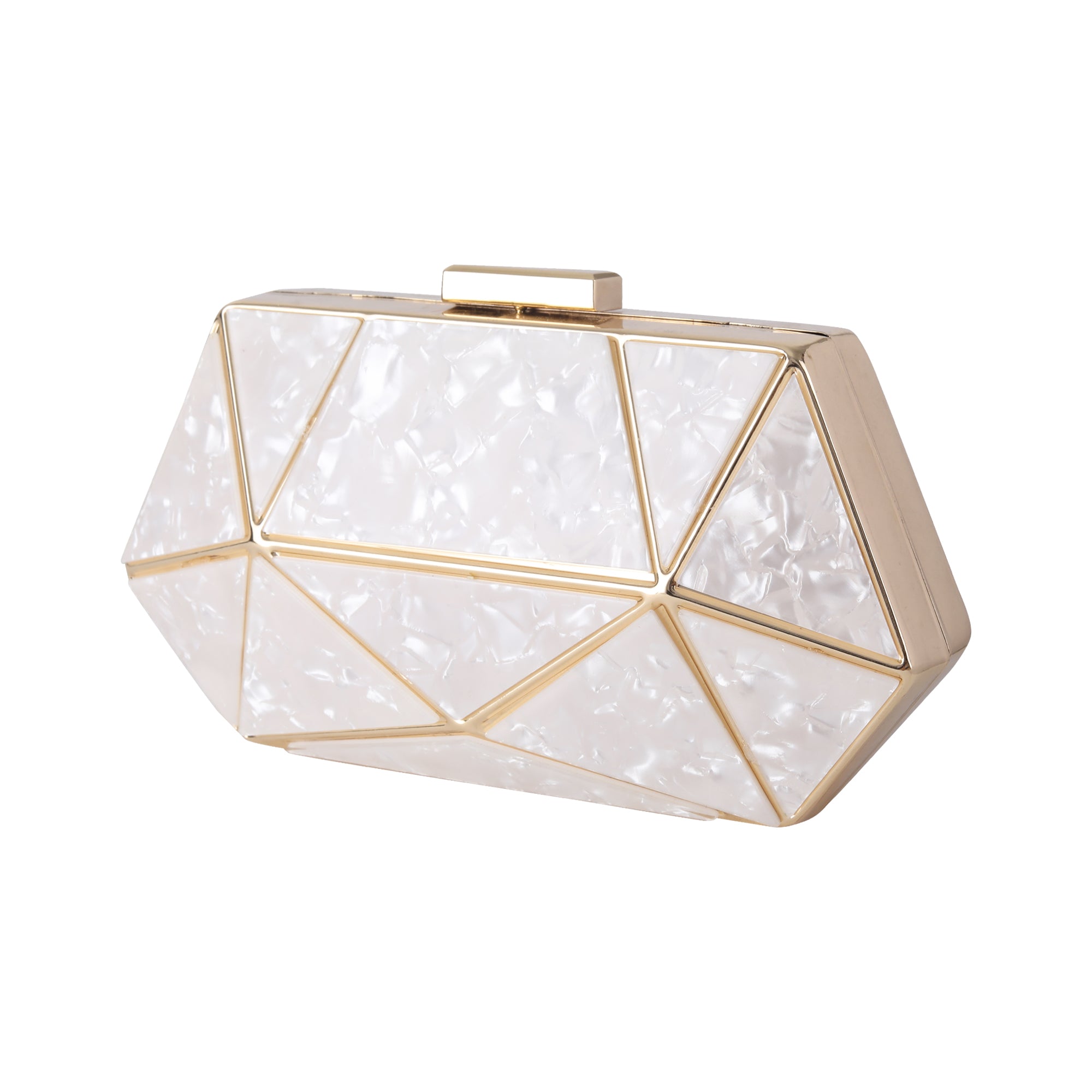 White Acrylic MOP Cutout Hexagon Metal Clutch