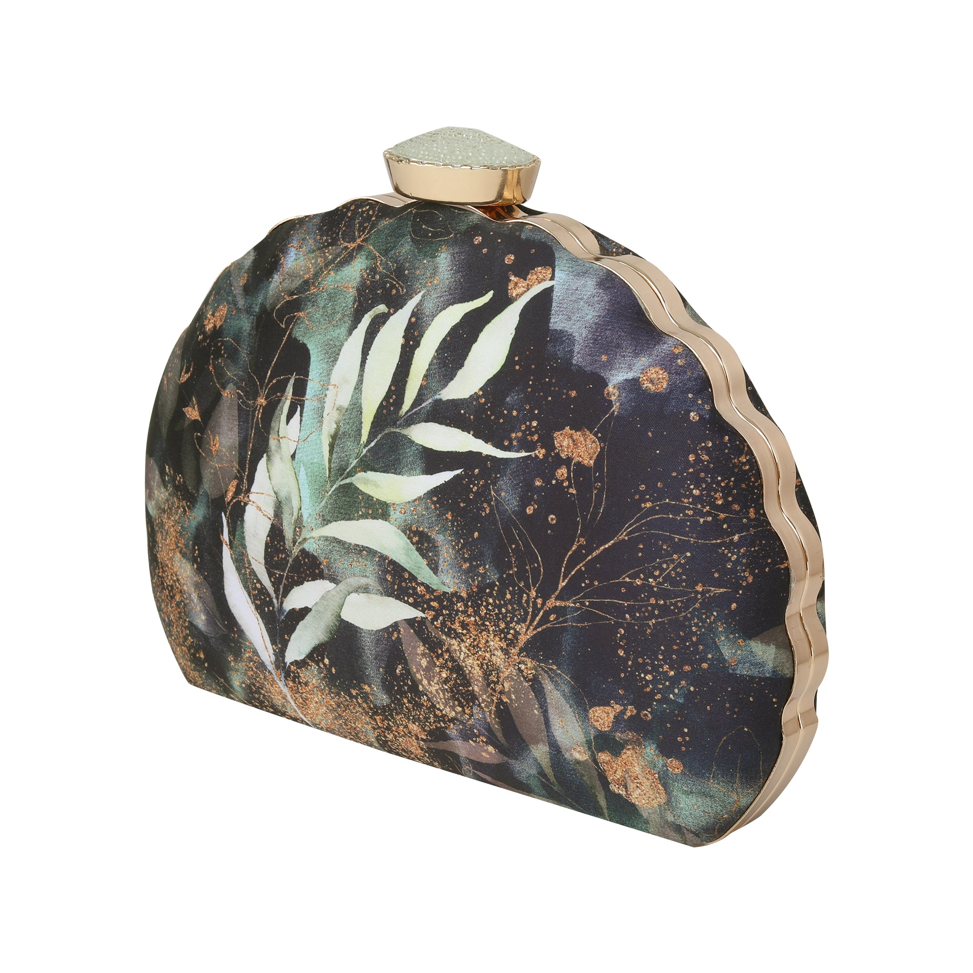 Black floral printed D-shape clutch