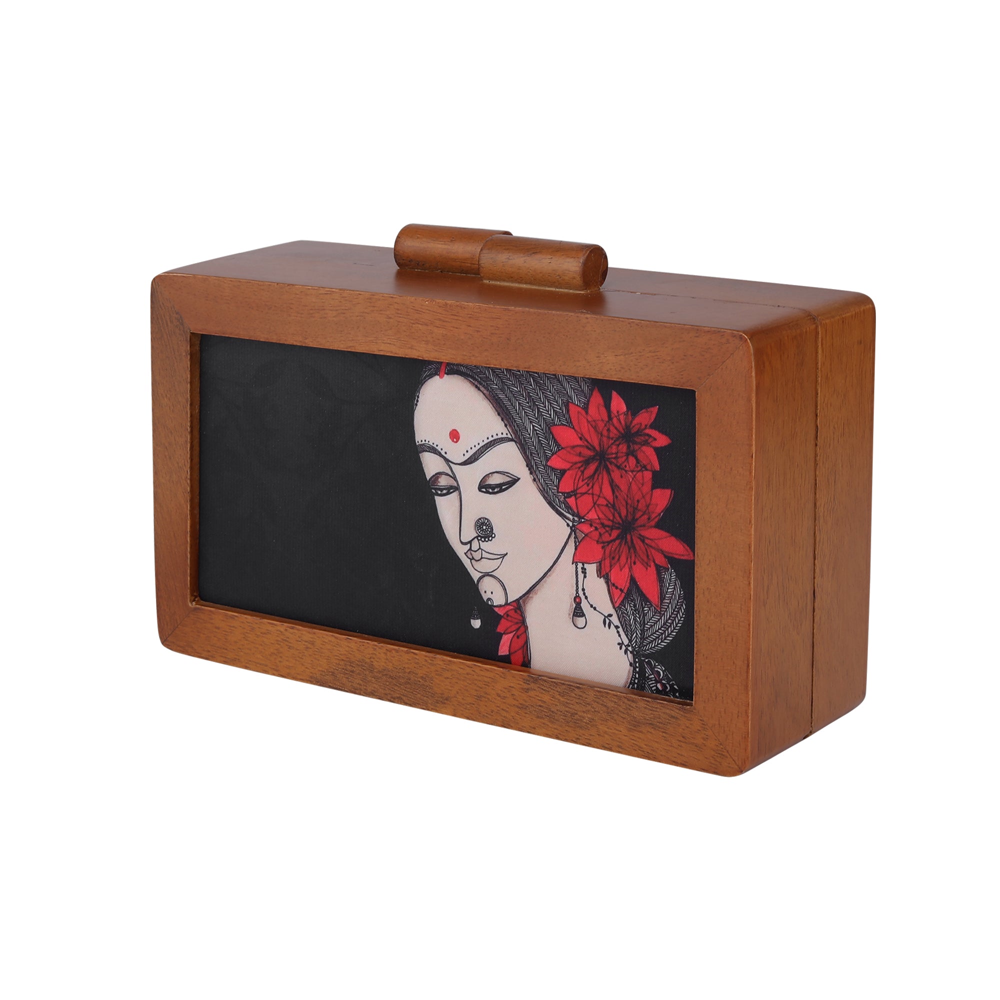 Flower lady printed wooden clutch