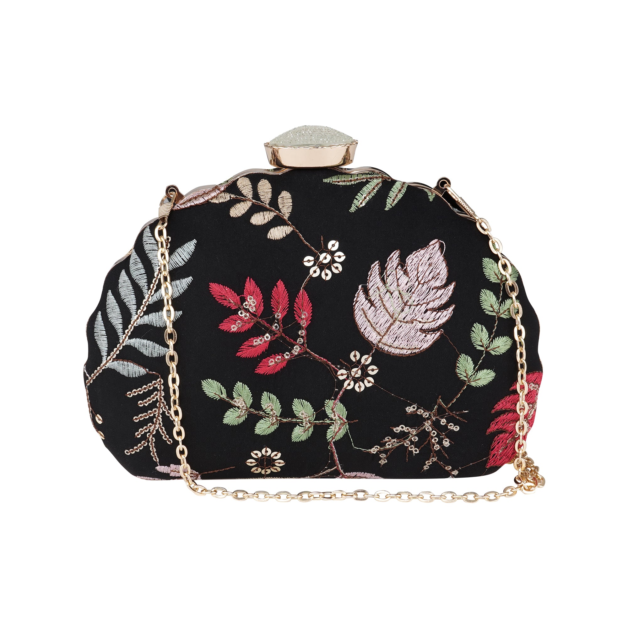 Black floral embroidery D- shape clutch
