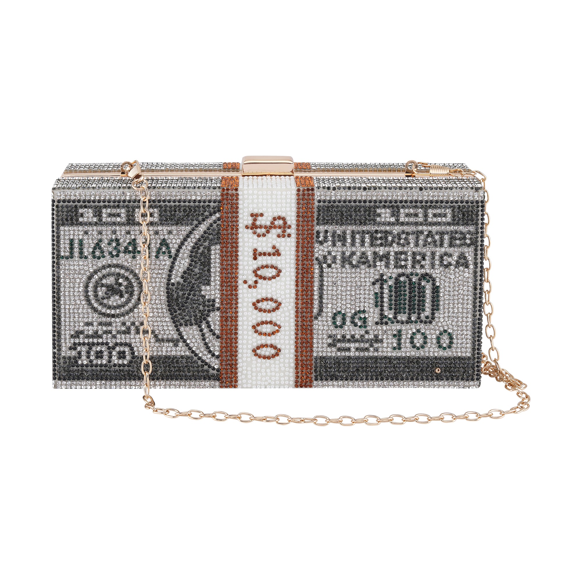 3D Dollar Evening Clutch |Grey Crystal Colour | Rectangular metal frame clutch