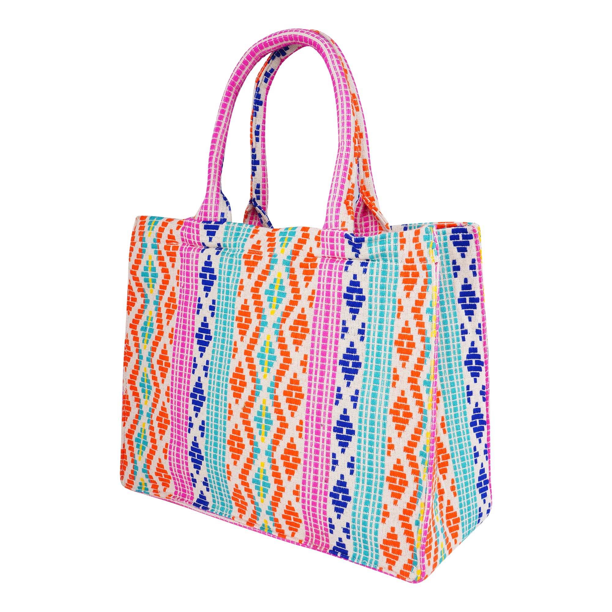Multi colored Jacquard tote bag with utility pouch