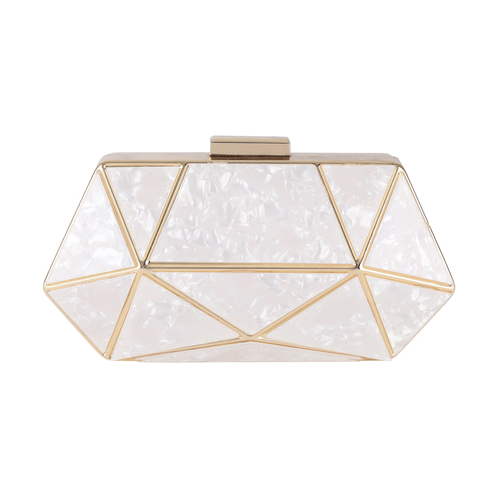 White Acrylic MOP Cutout Hexagon Metal Clutch