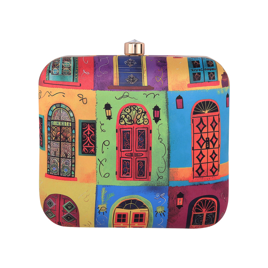 Multi coloured Doors Printed Clutch