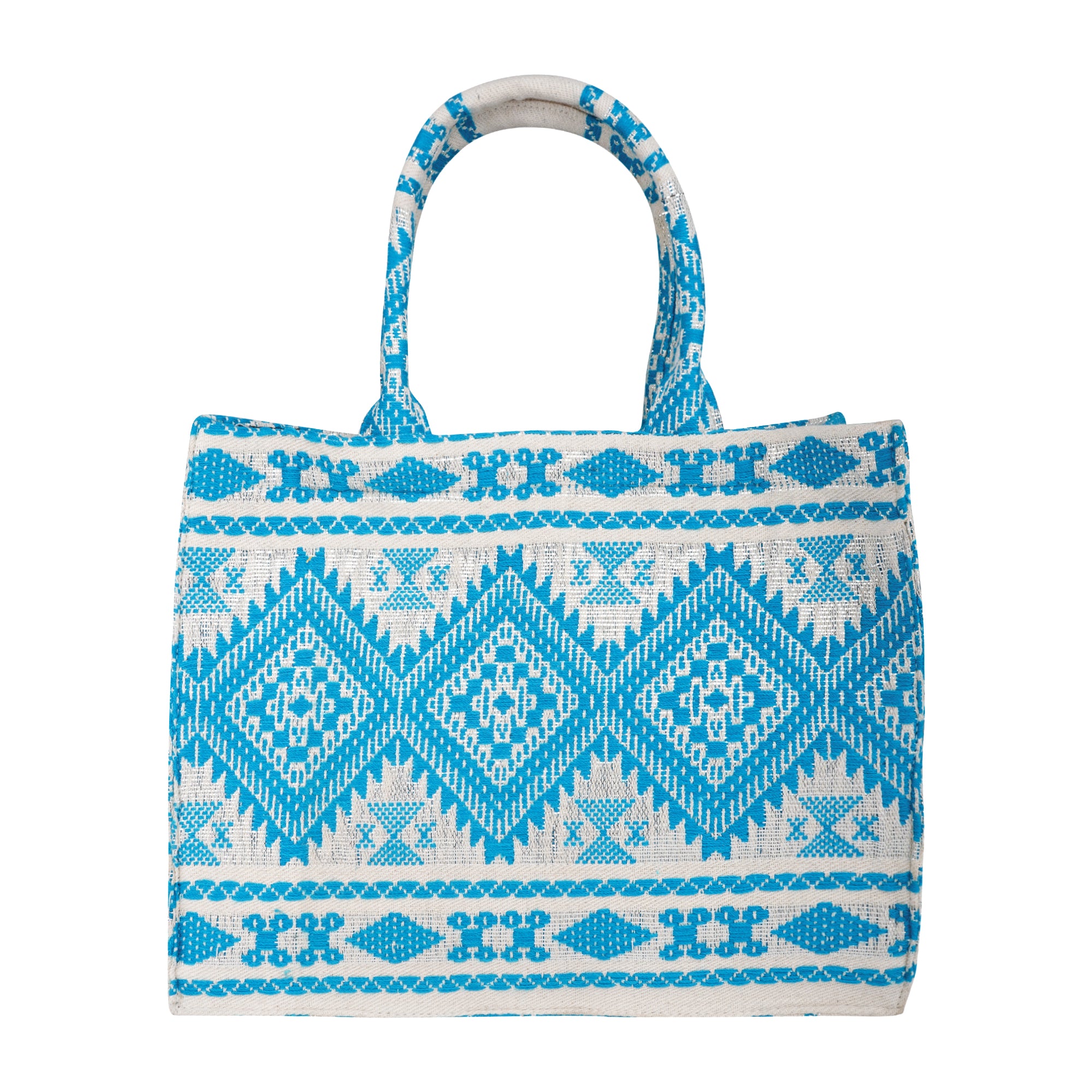 Geometric pattern Box Style tote bag with utility pouch | White & skyblue colour