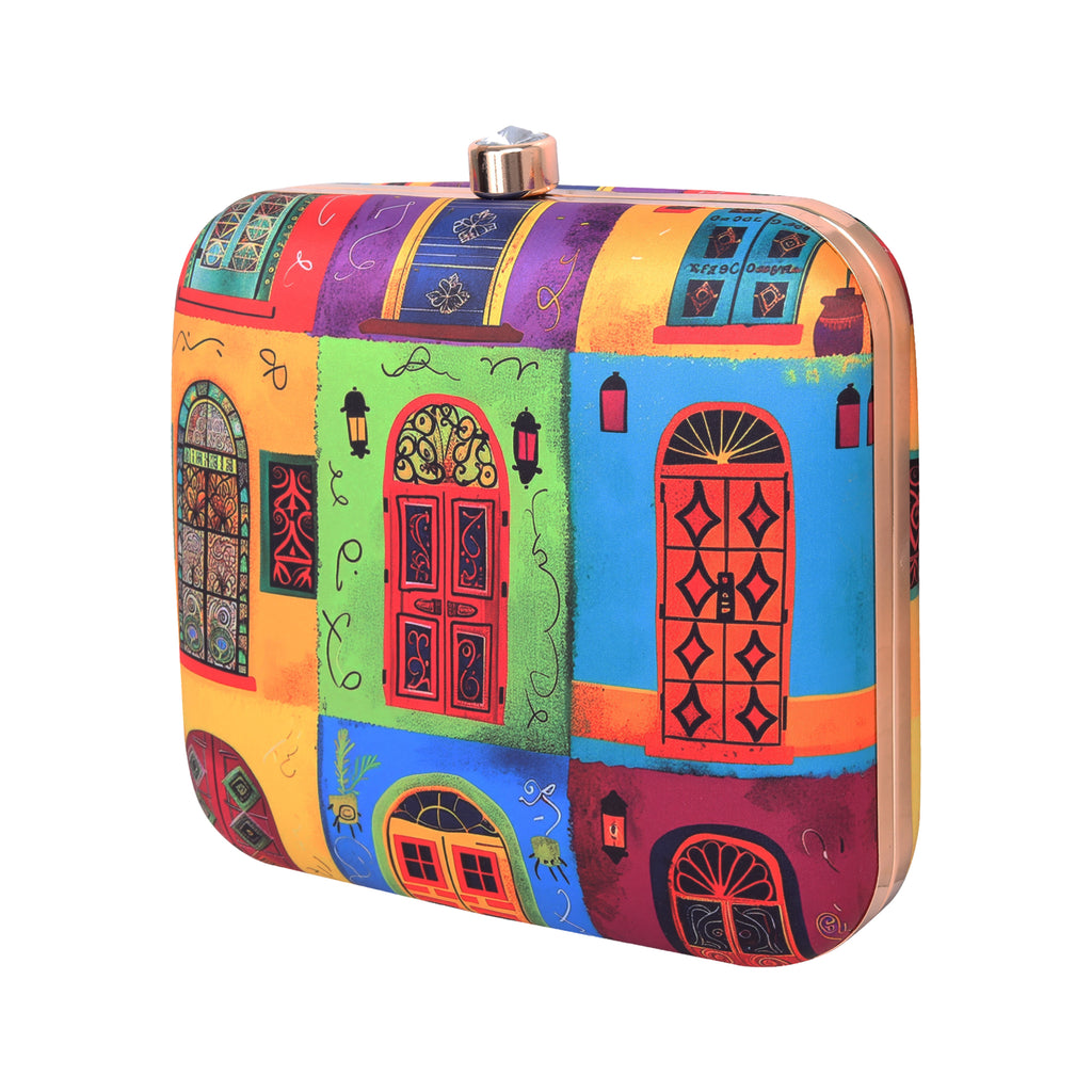 Multi coloured Doors Printed Clutch