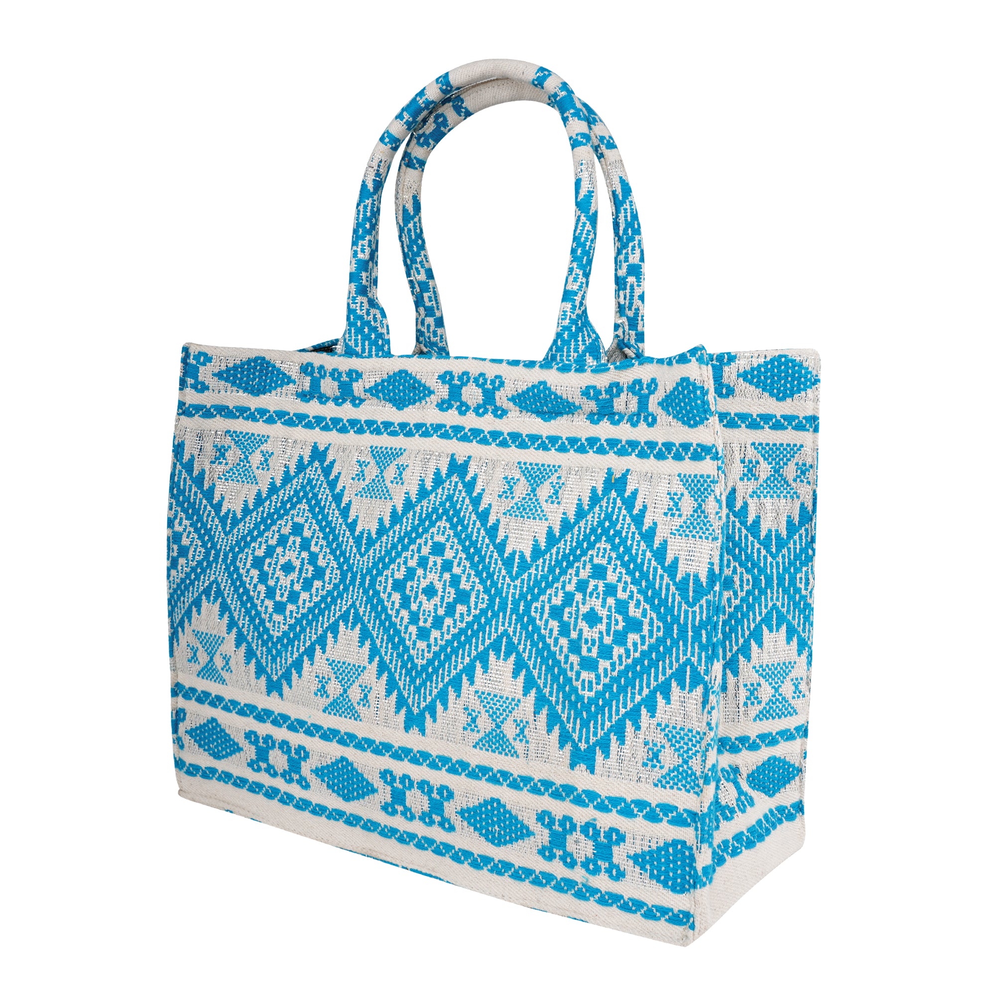 Geometric pattern Box Style tote bag with utility pouch | White & skyblue colour