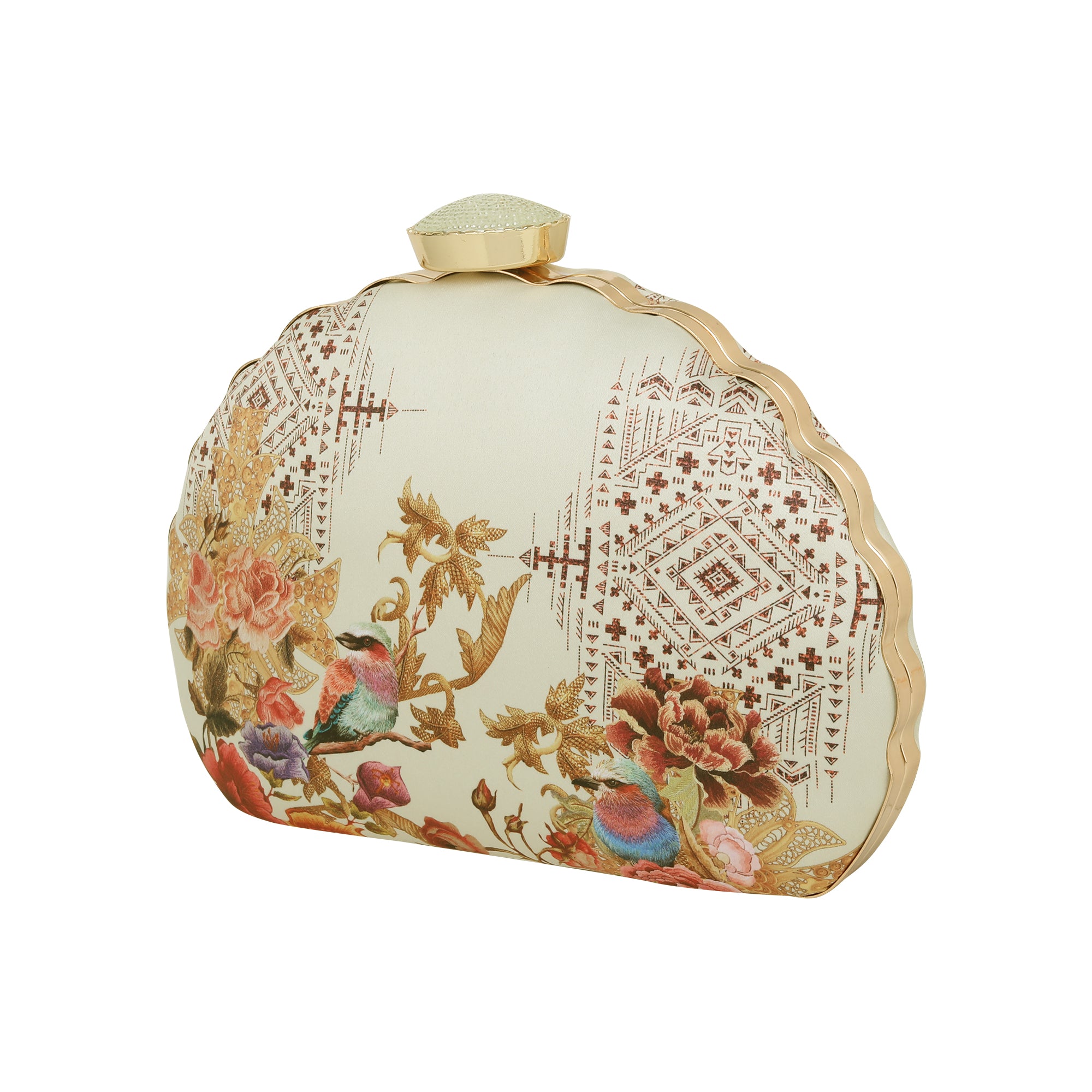 Bird and Flower Printed D-shape Clutch