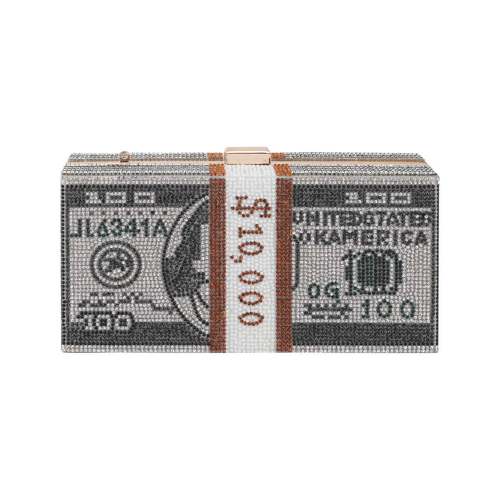 3D Dollar Evening Clutch |Grey Crystal Colour | Rectangular metal frame clutch
