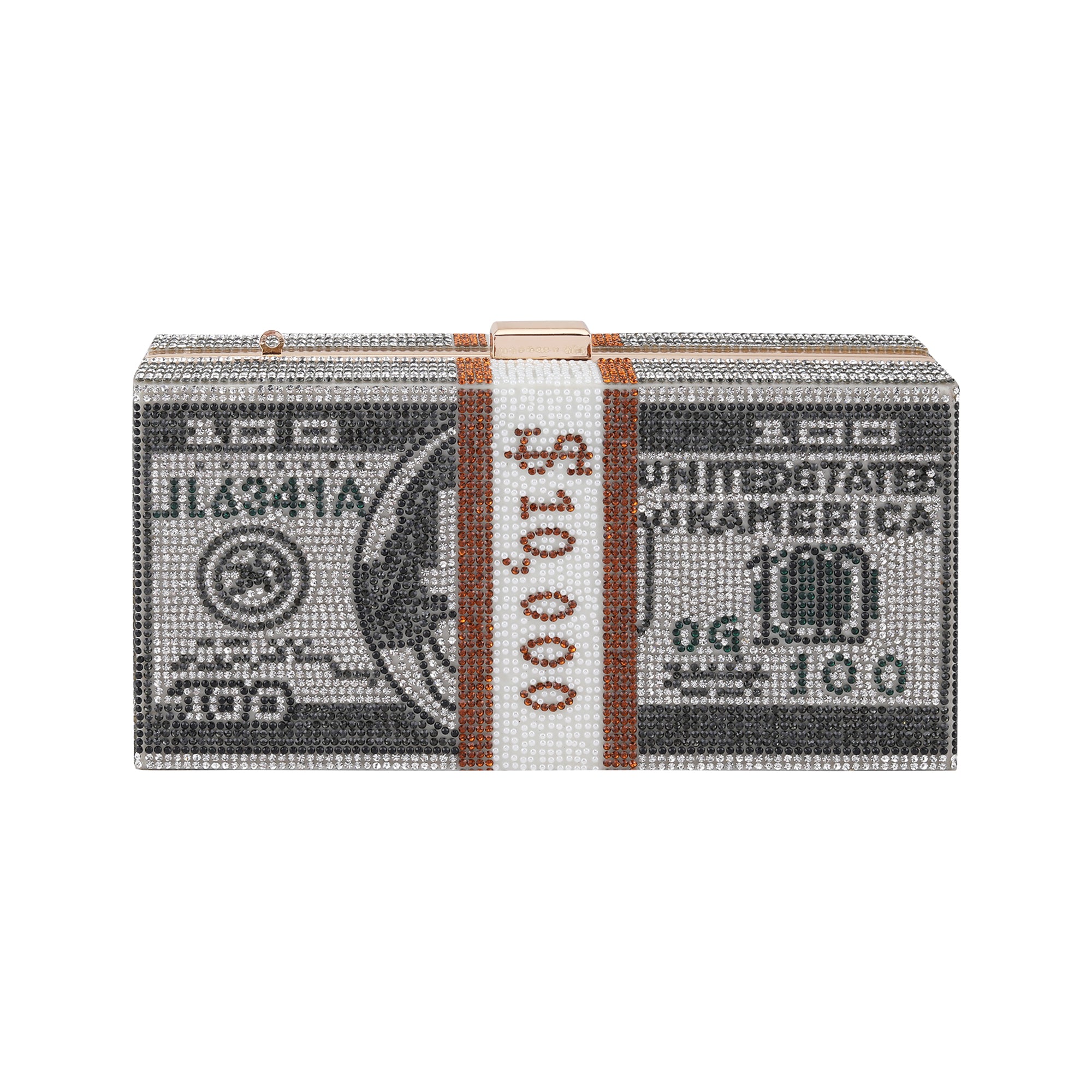 3D Dollar Evening Clutch |Grey Crystal Colour | Rectangular metal frame clutch