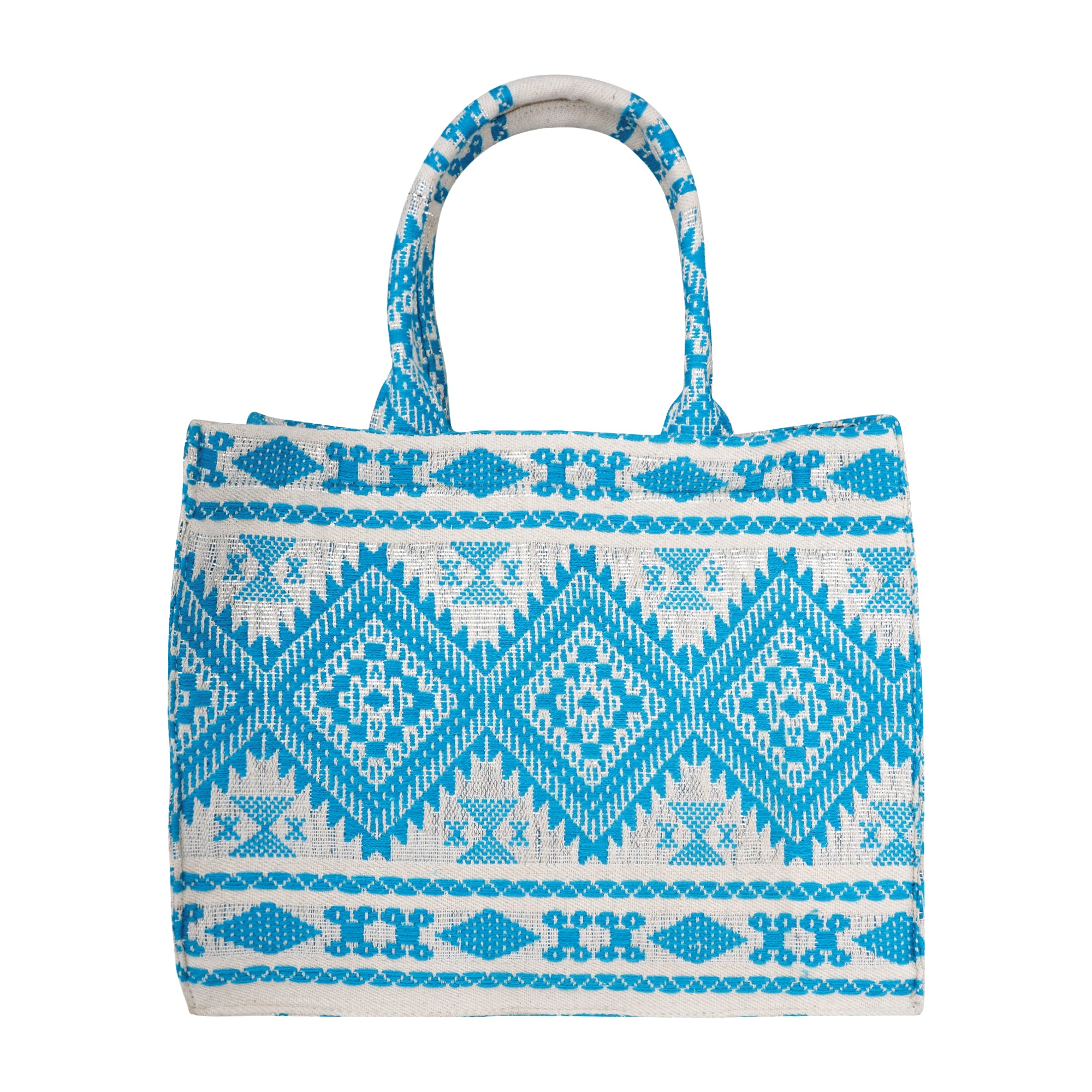 Geometric pattern Box Style tote bag with utility pouch | White & skyblue colour