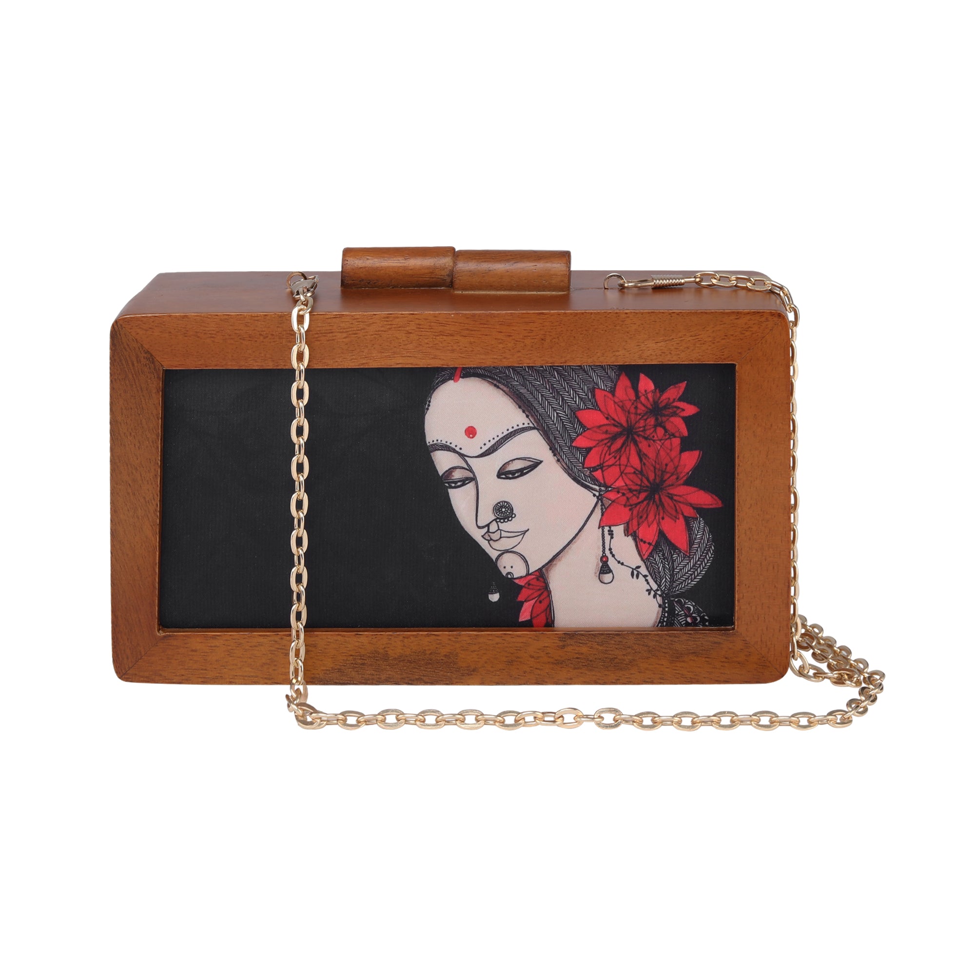 Flower lady printed wooden clutch