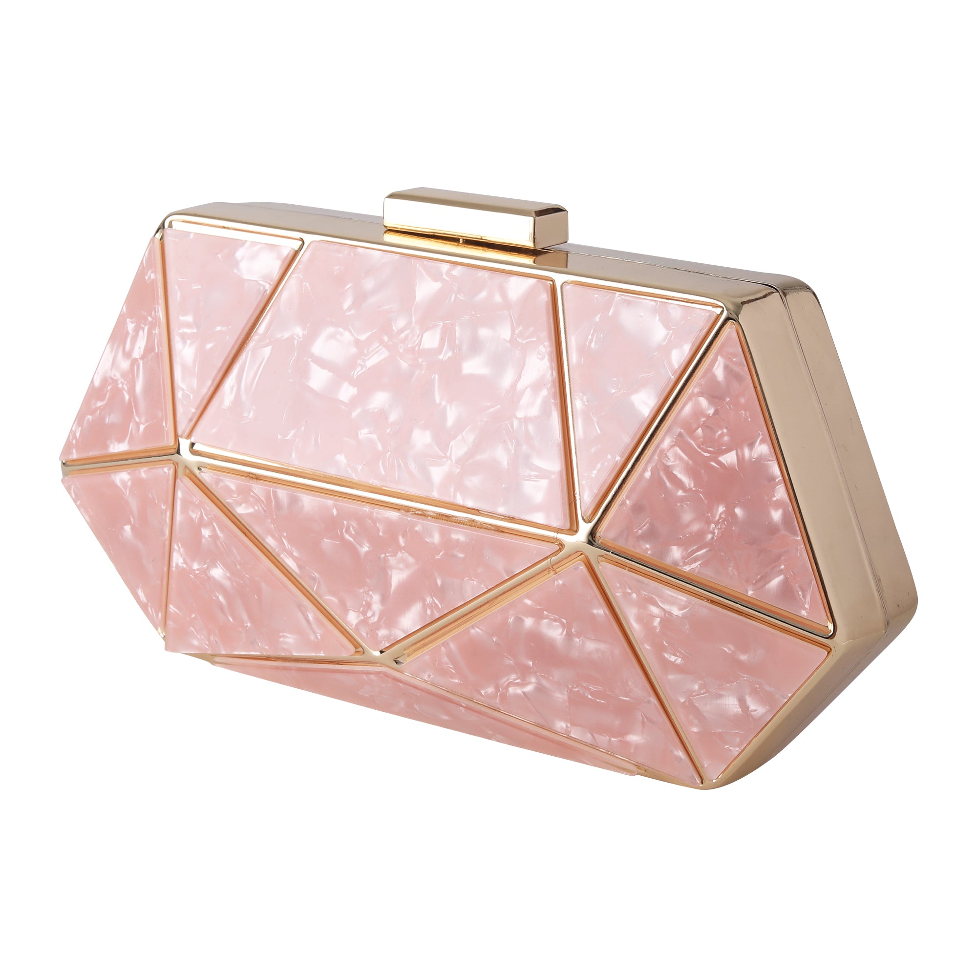 Peach Acrylic MOP Cutout Hexagon Metal Clutch