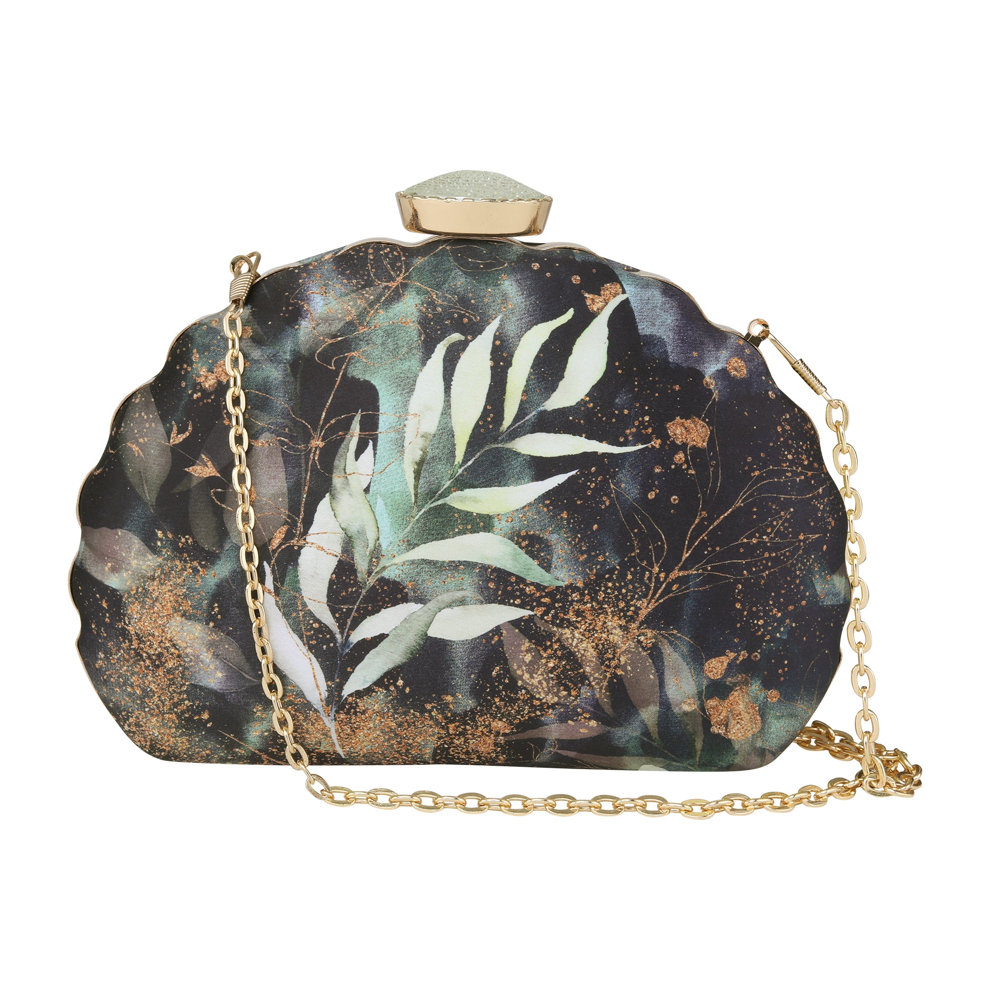 Black floral printed D-shape clutch