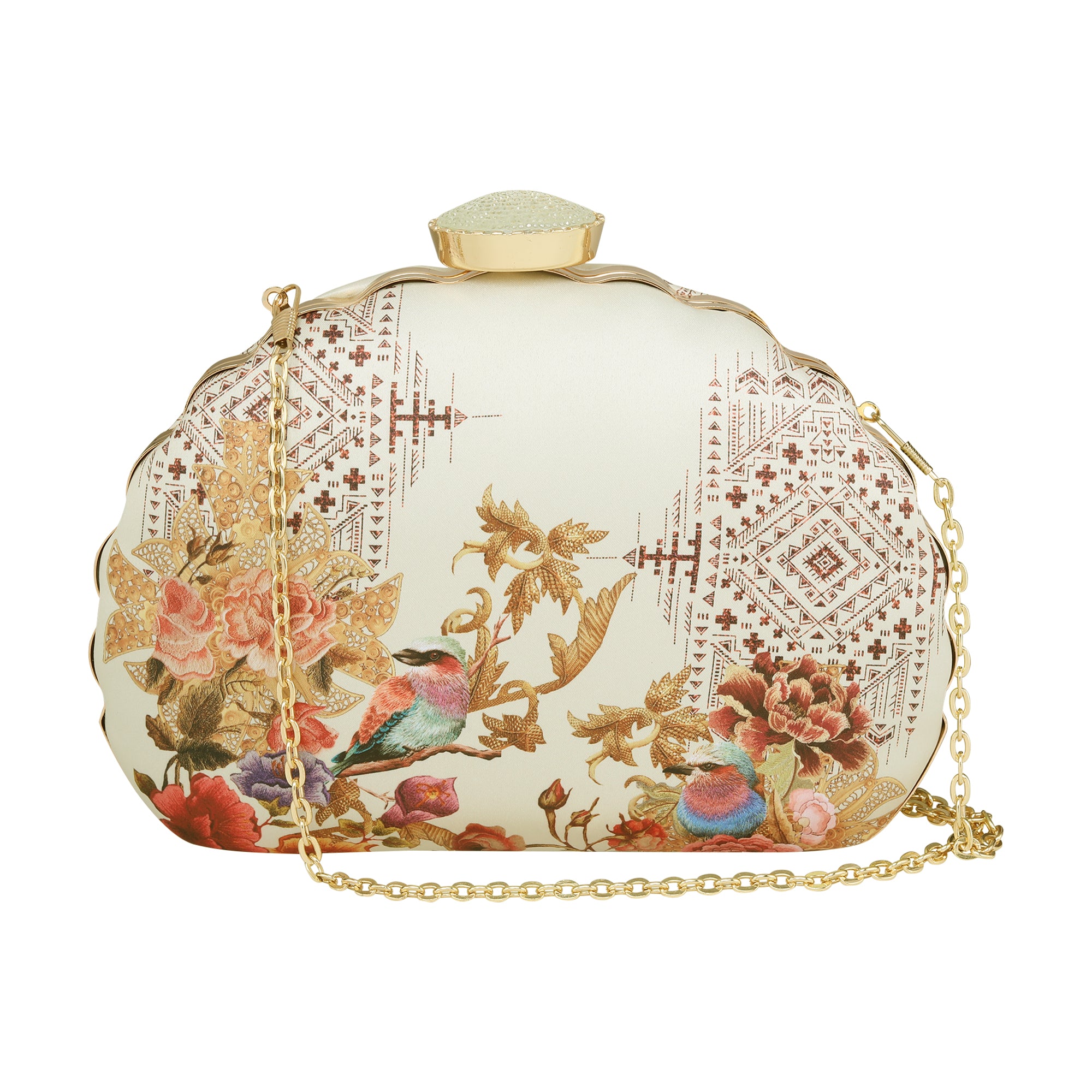 Bird and Flower Printed D-shape Clutch