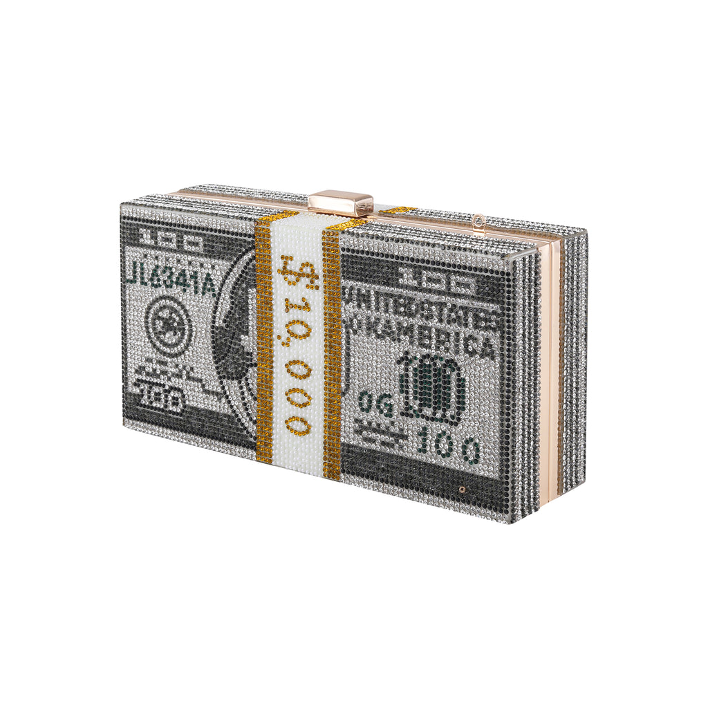 3D Dollar Evening Clutch |Black Crystal Colour | Rectangular metal frame clutch