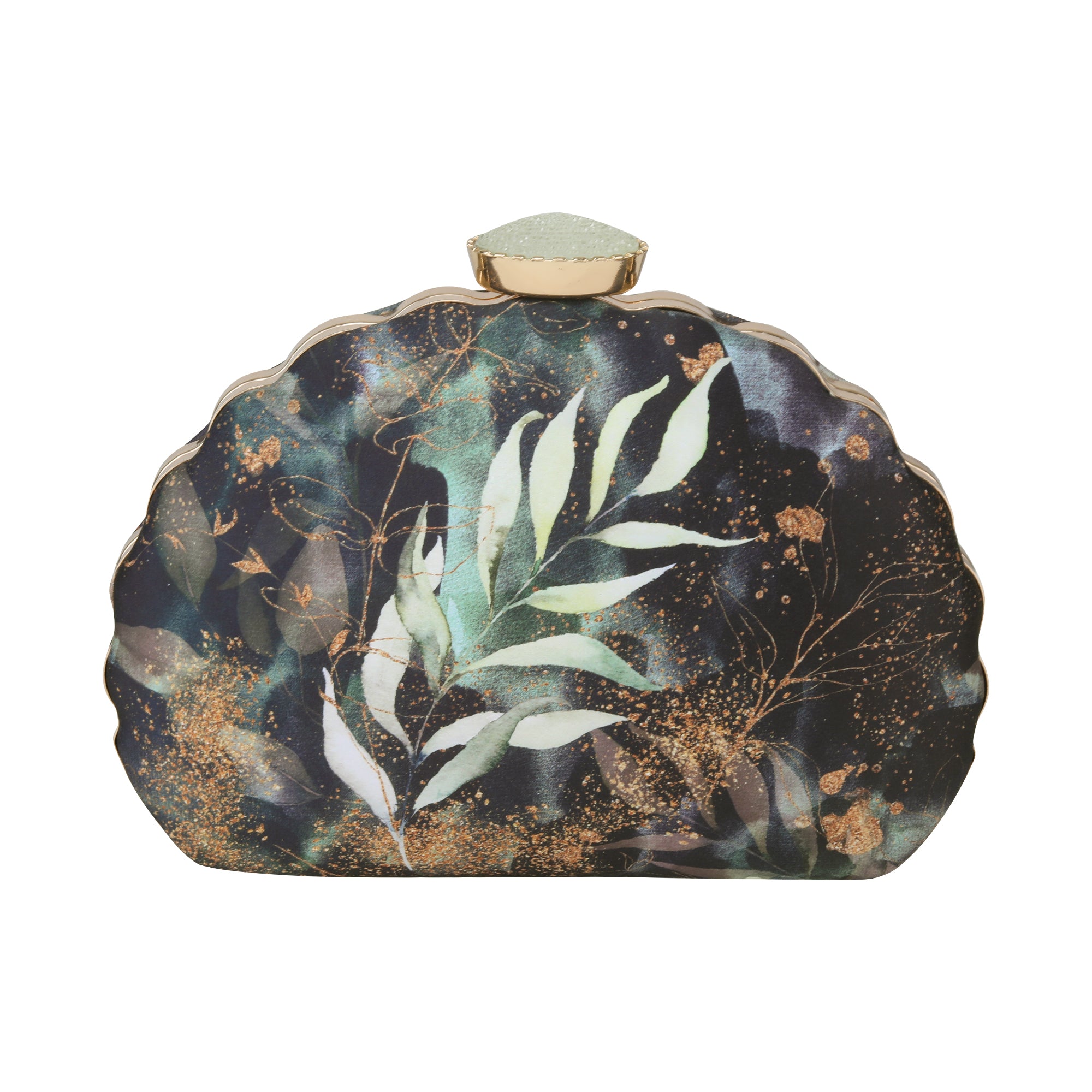 Black floral printed D-shape clutch