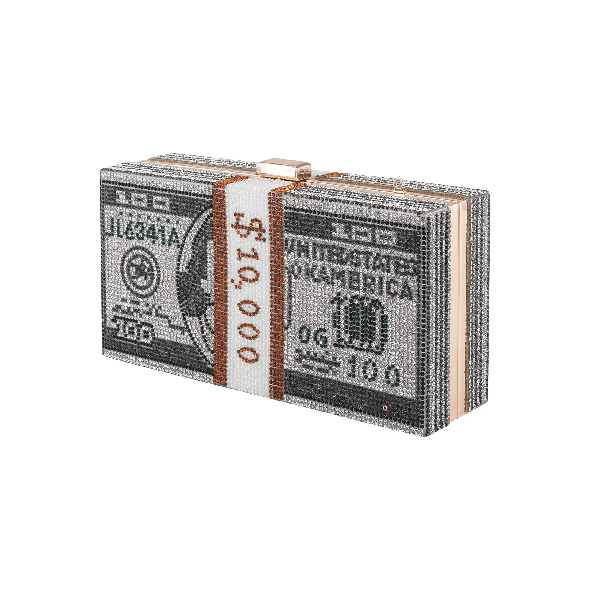3D Dollar Evening Clutch |Grey Crystal Colour | Rectangular metal frame clutch