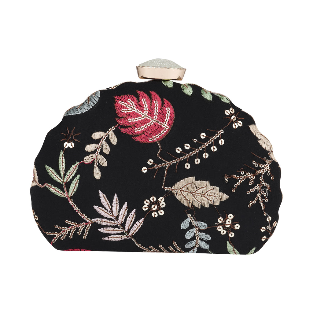 Black floral embroidery D- shape clutch