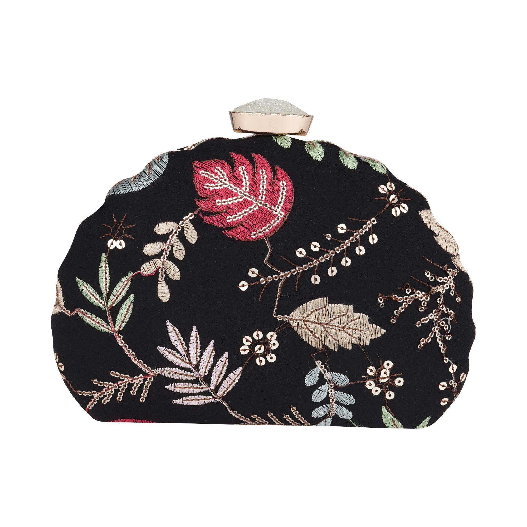 Black floral embroidery D- shape clutch