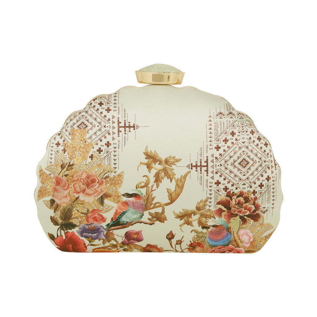 Bird and Flower Printed D-shape Clutch