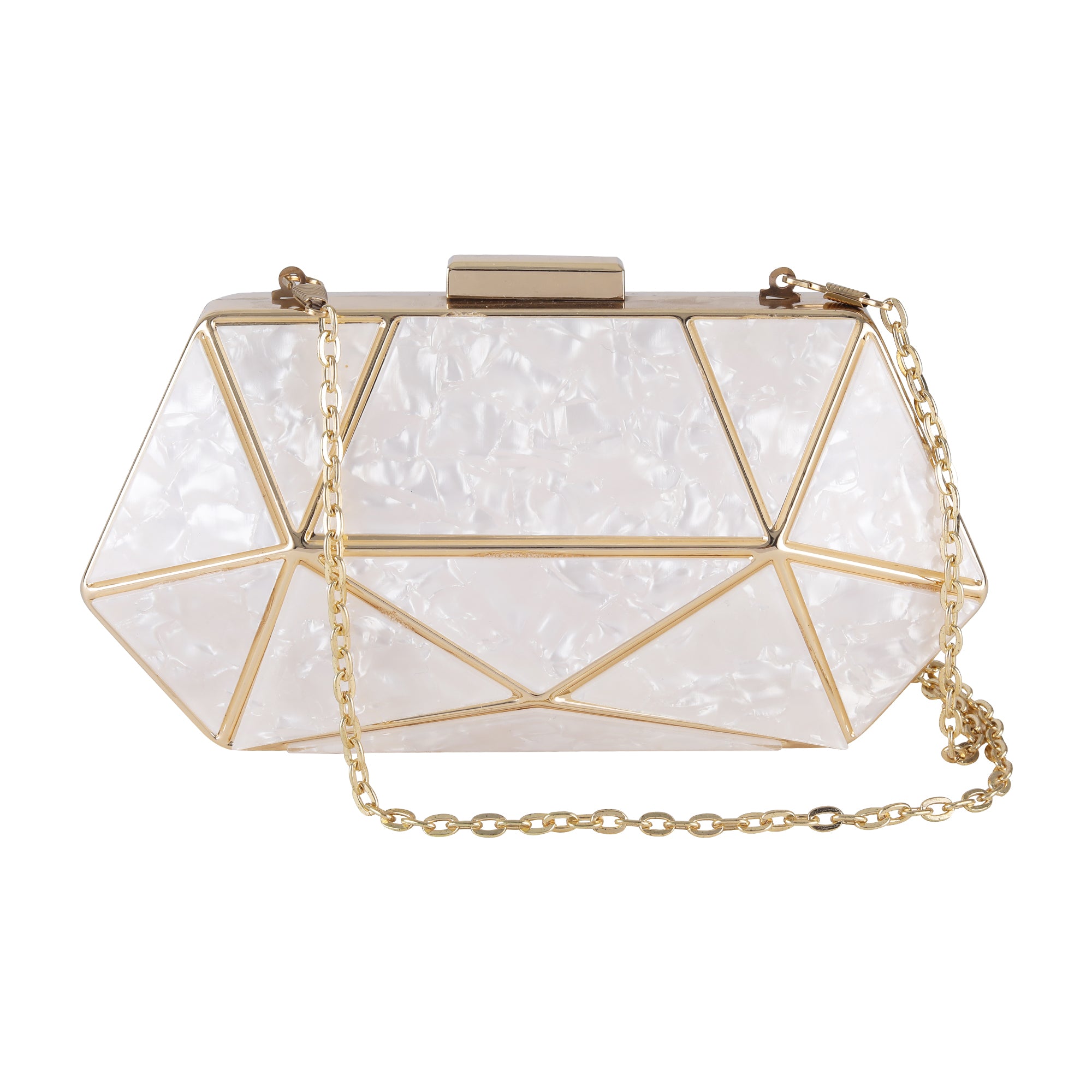 White Acrylic MOP Cutout Hexagon Metal Clutch