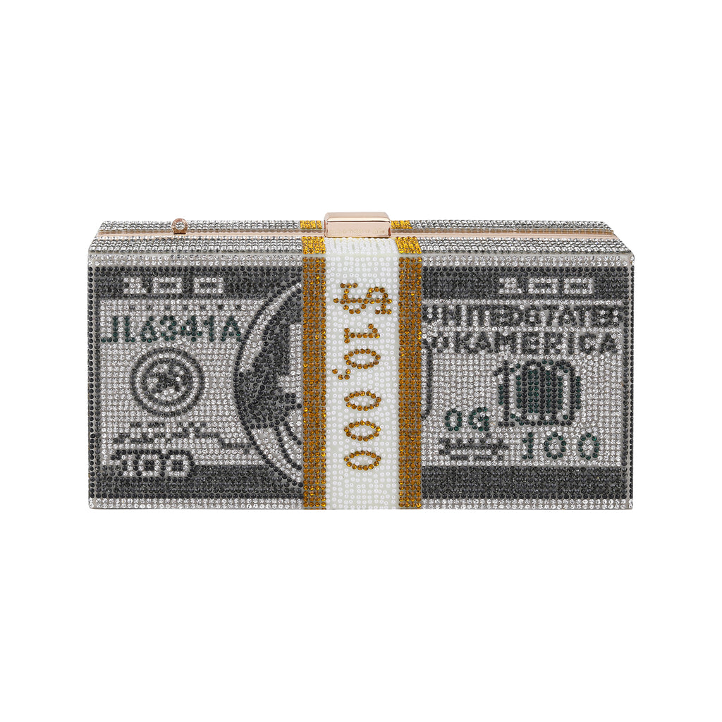 3D Dollar Evening Clutch |Black Crystal Colour | Rectangular metal frame clutch