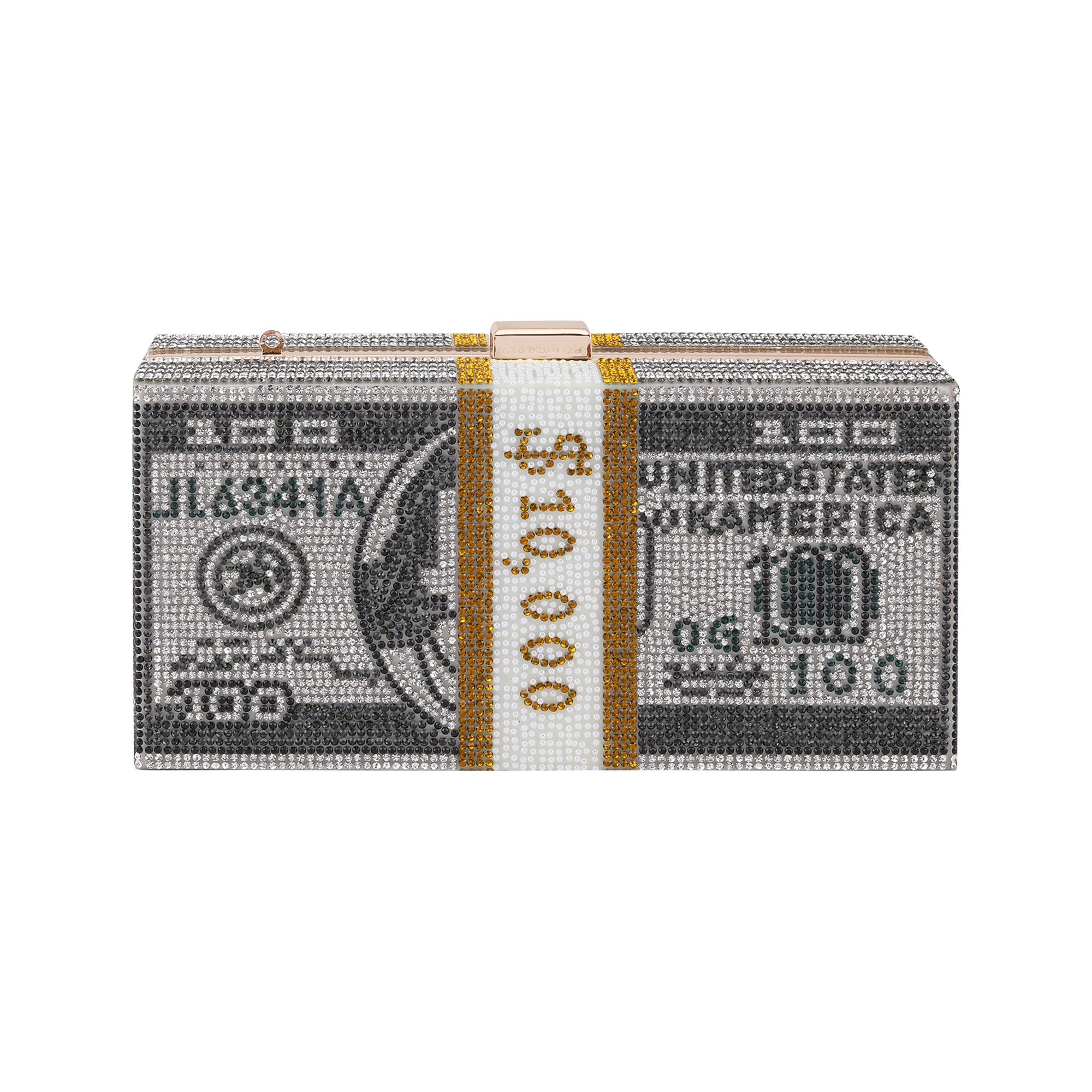 3D Dollar Evening Clutch |Black Crystal Colour | Rectangular metal frame clutch