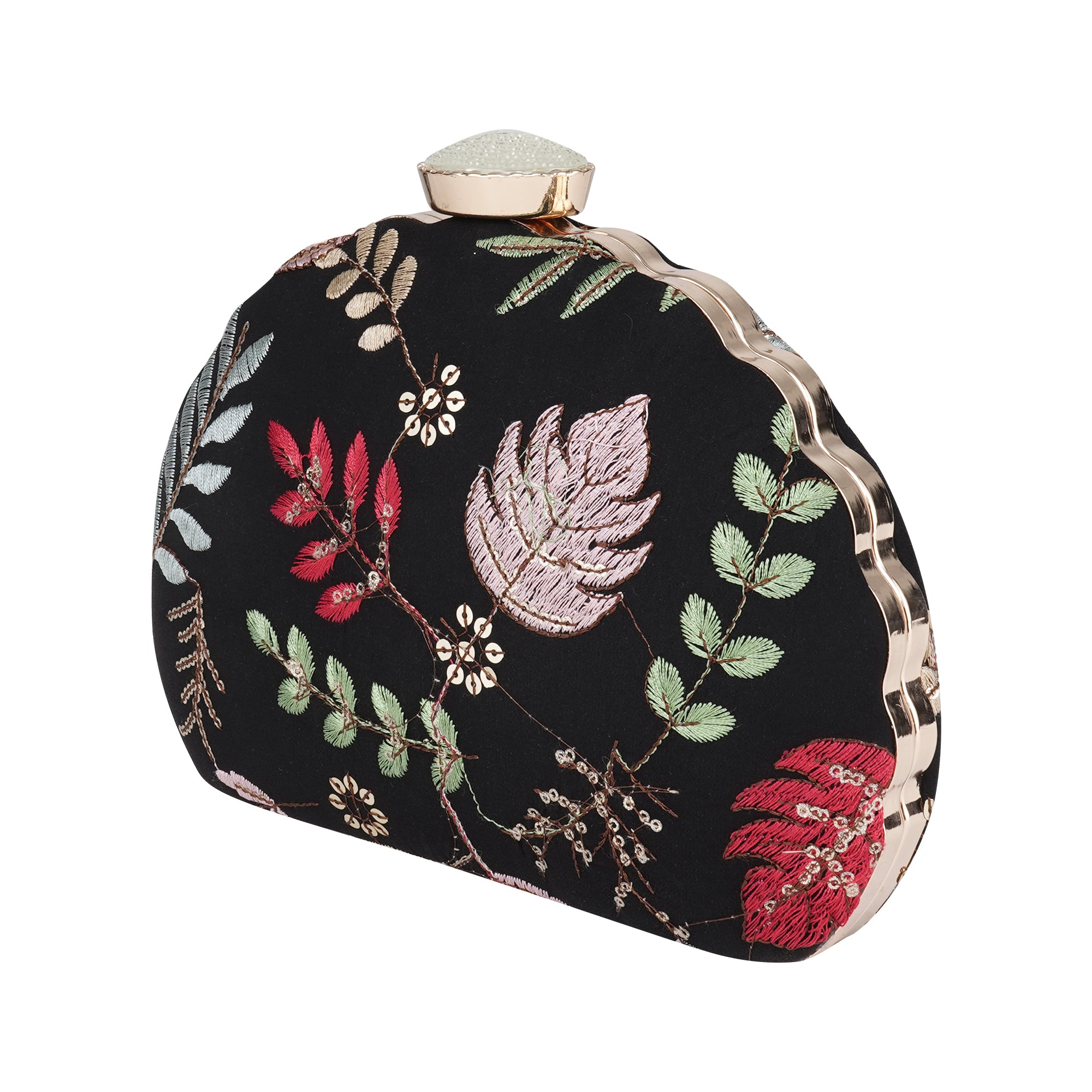 Black floral embroidery D- shape clutch