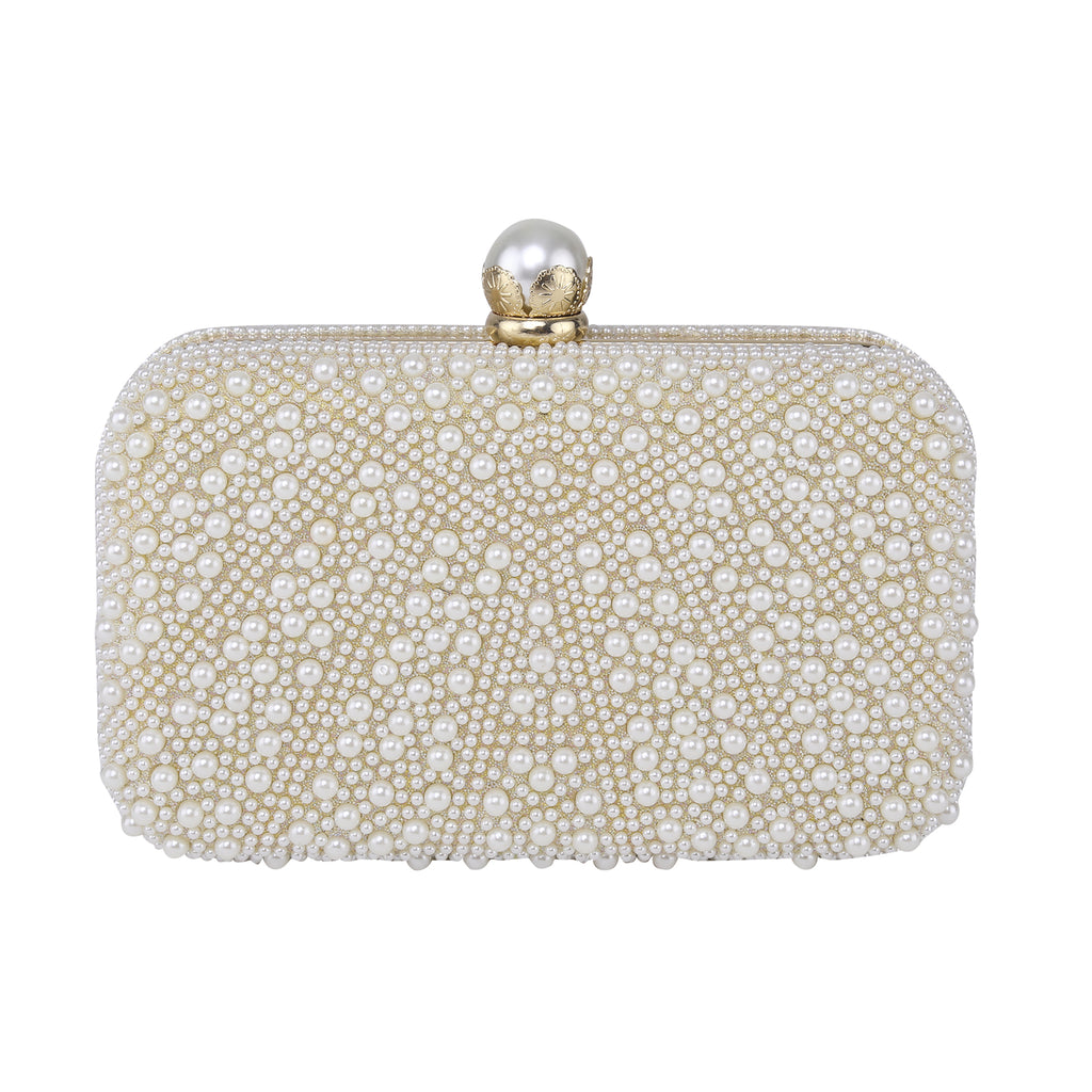 White Stripe pearl beaded evening clutch