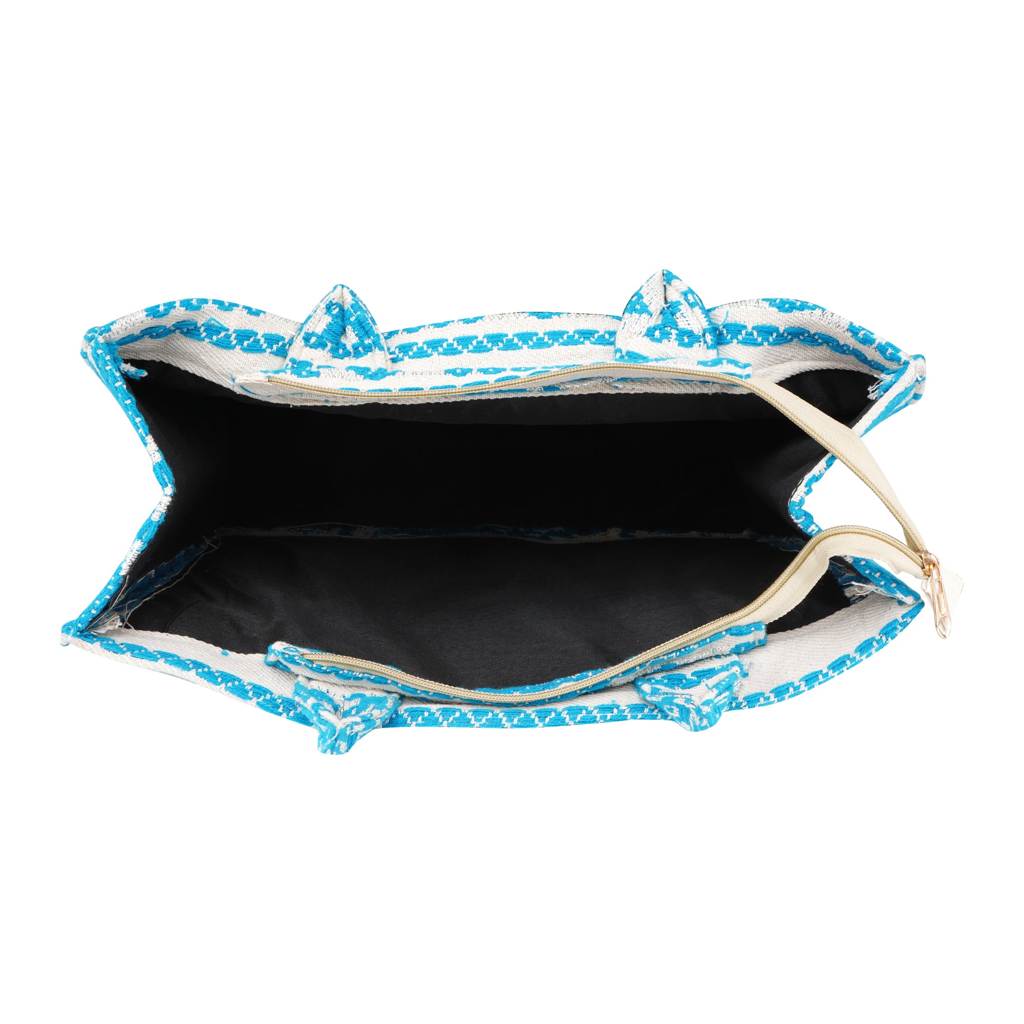Geometric pattern Box Style tote bag with utility pouch | White & skyblue colour