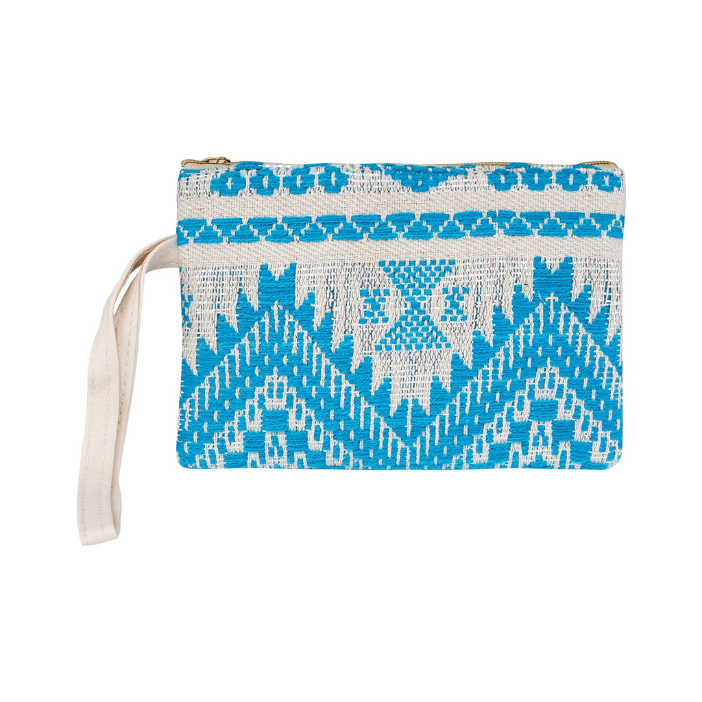 Geometric pattern Box Style tote bag with utility pouch | White & skyblue colour