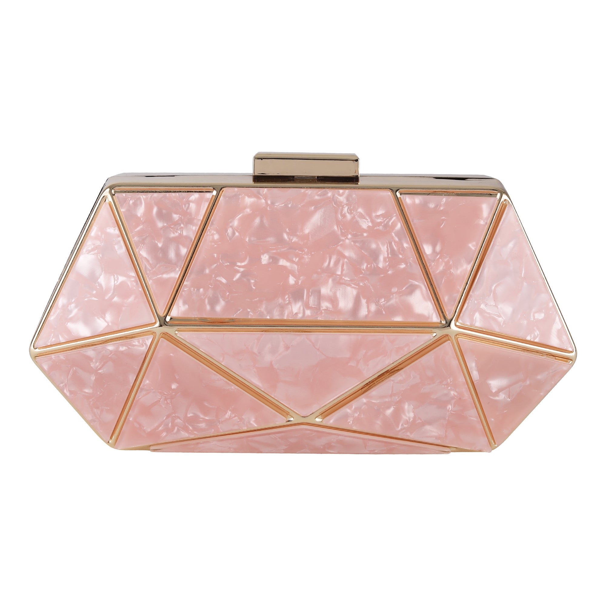 Peach Acrylic MOP Cutout Hexagon Metal Clutch