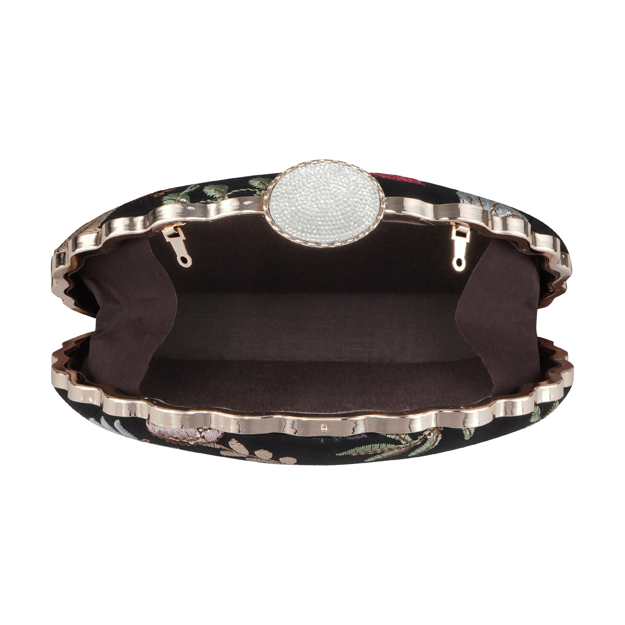 Black floral embroidery D- shape clutch