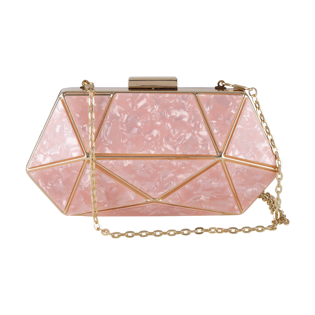Peach Acrylic MOP Cutout Hexagon Metal Clutch