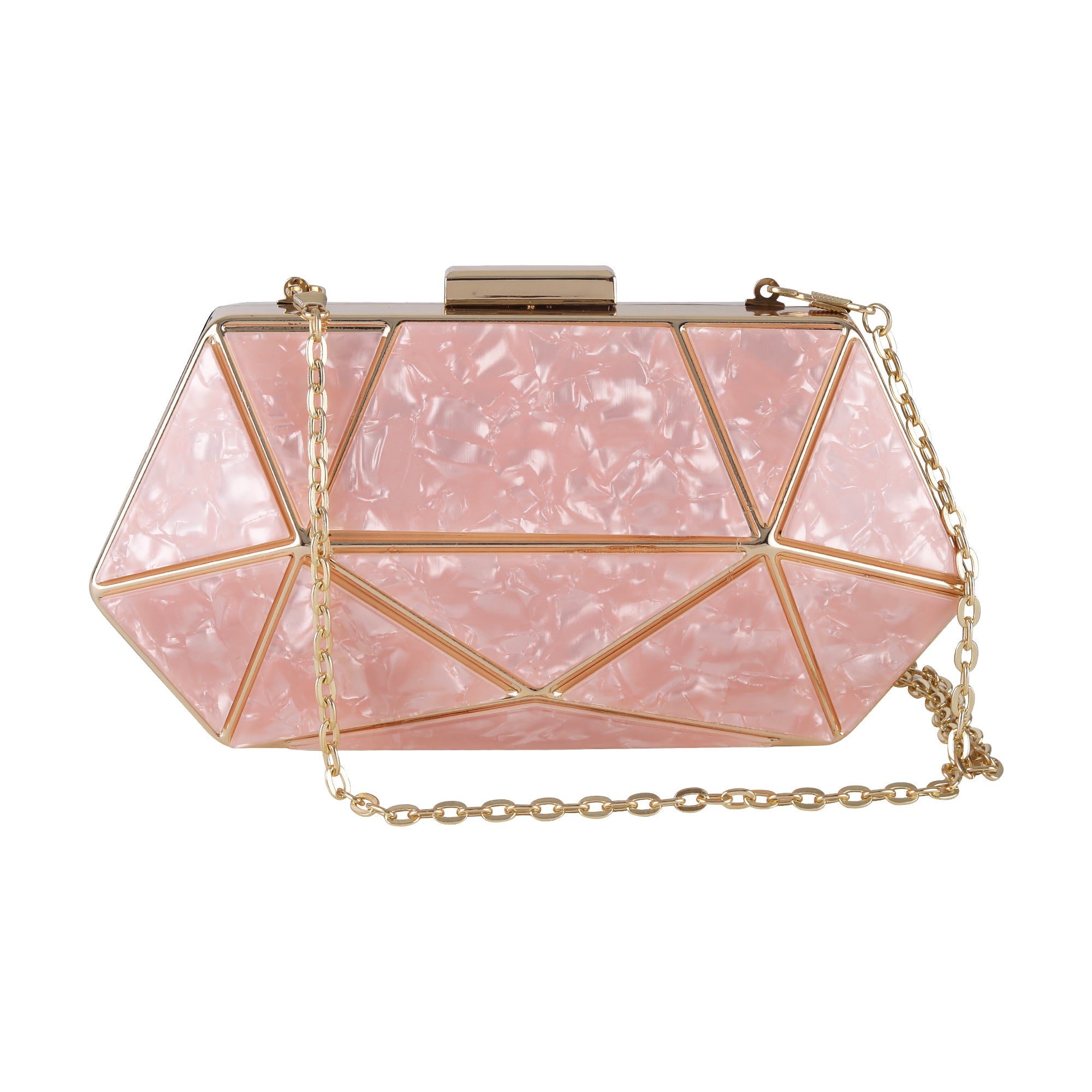 Peach Acrylic MOP Cutout Hexagon Metal Clutch