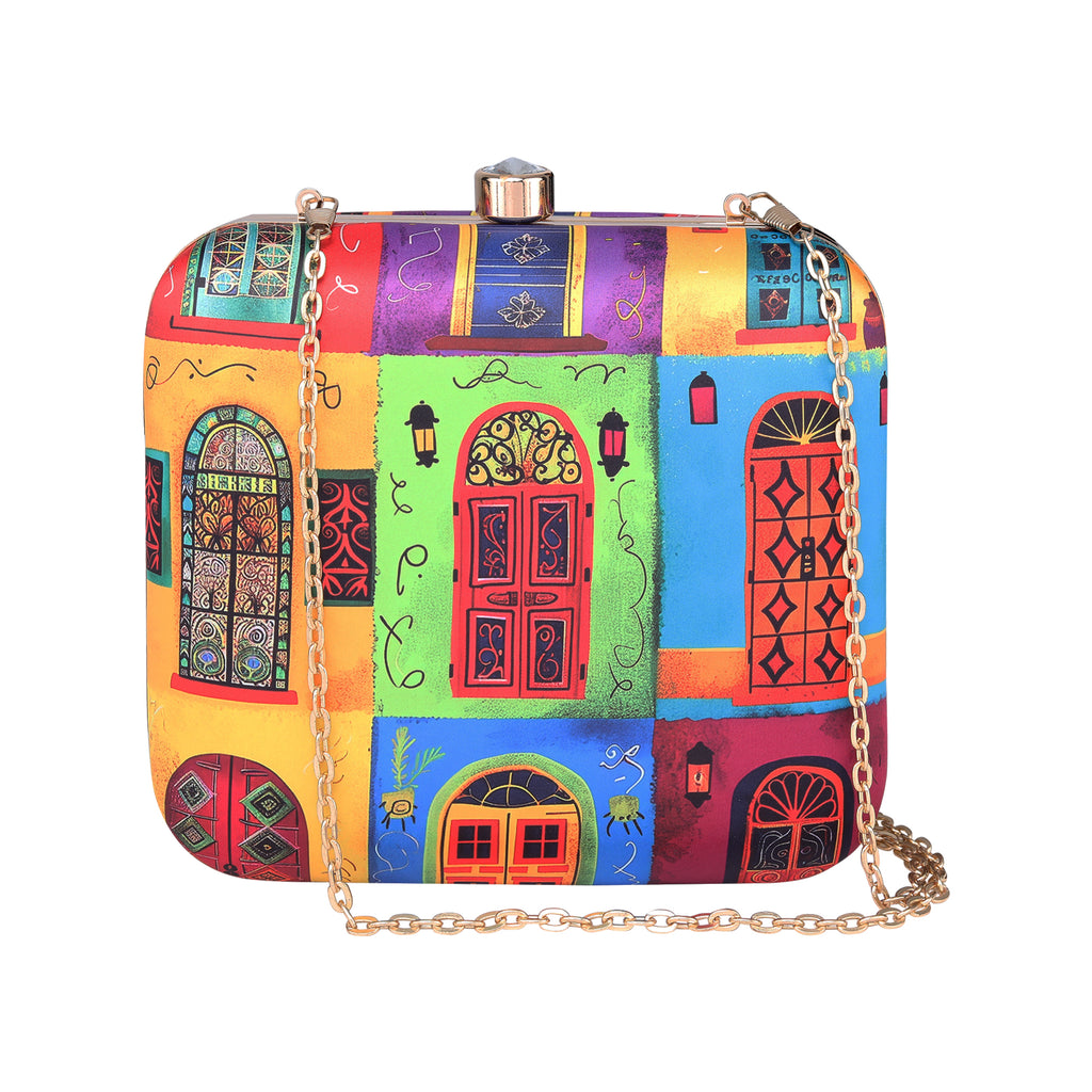Multi coloured Doors Printed Clutch